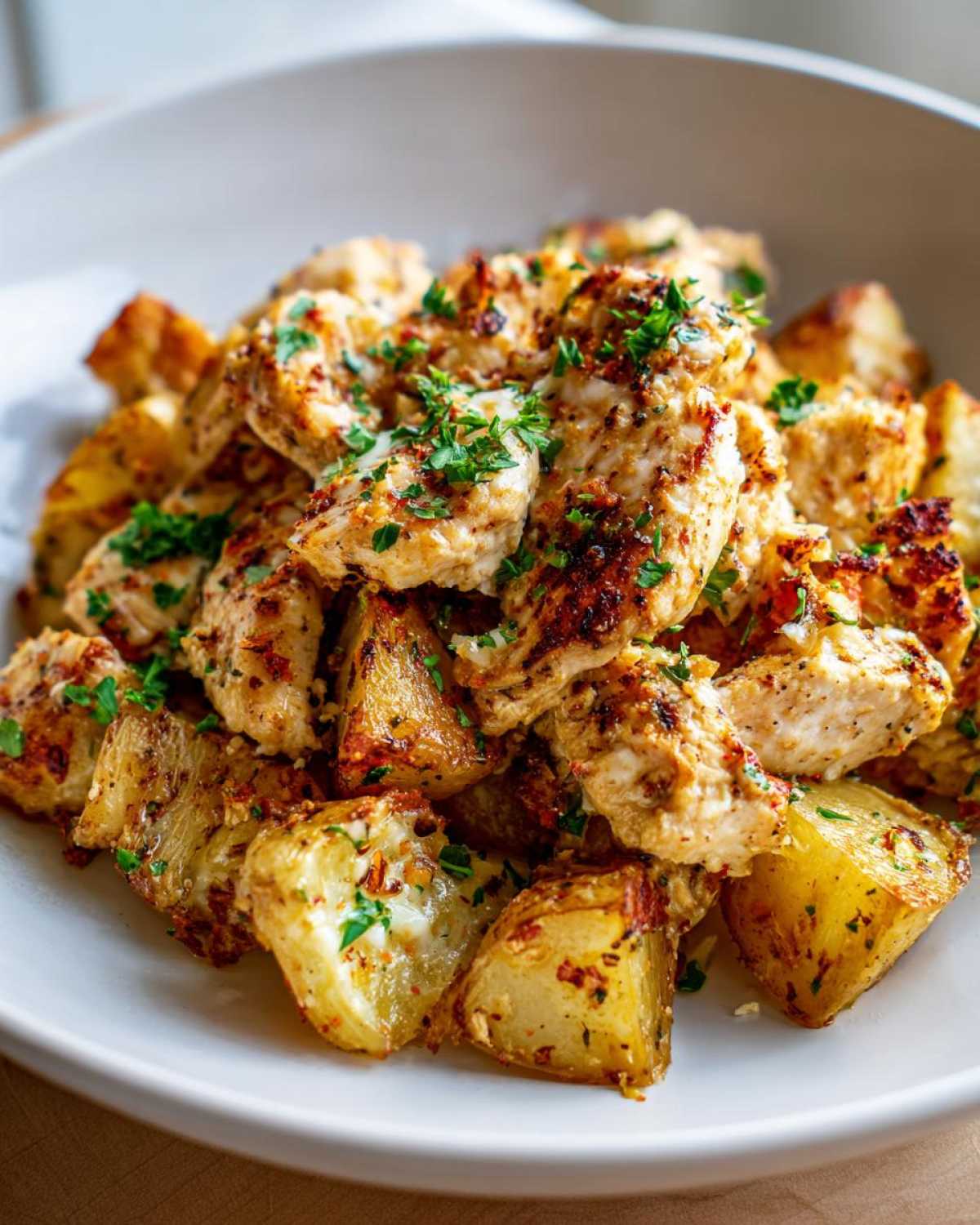 Close-up of seasoned garlic parmesan chicken and potatoes chunks garnished with fresh parsley.