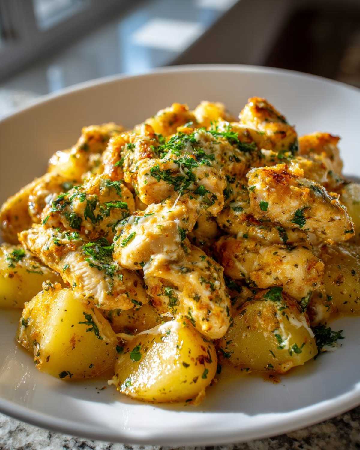 Close-up of juicy garlic parmesan chicken and potatoes coated in sauce and fresh parsley.