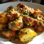 Golden roasted potatoes and chicken pieces coated in a bright green garlic parmesan sauce and fresh herbs.