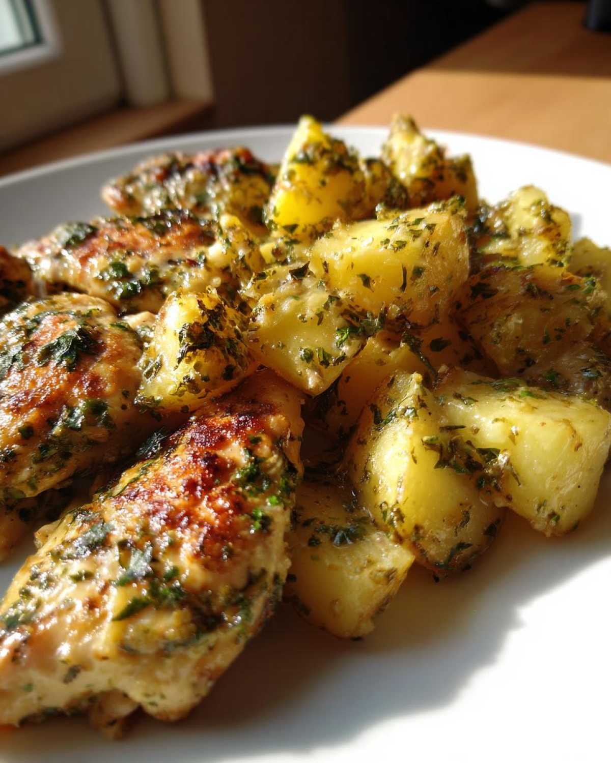 Close-up of golden-brown chicken pieces and cubed potatoes coated in a bright green herb sauce, ready to serve for garlic parmesan chicken and potatoes.