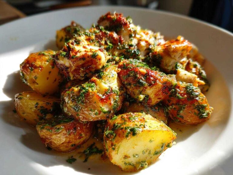 Shocking 30-min garlic parmesan chicken and potatoes Golden roasted potatoes and chicken pieces coated in a bright green garlic parmesan sauce and fresh herbs.