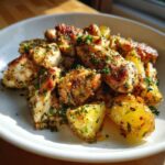Close-up of golden brown garlic parmesan chicken and potatoes seasoned with herbs.