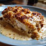 A cross-section of a crispy, baked chicken breast covered in creamy sauce, part of the Garlic parmesan chicken bake.