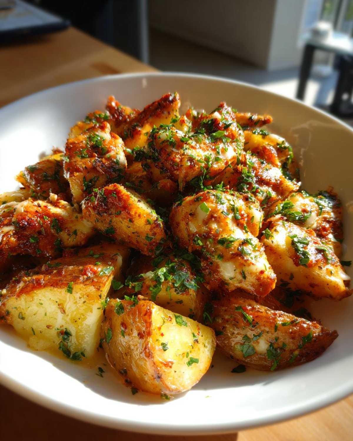 Close-up of roasted potatoes seasoned with herbs, part of a garlic parmesan chicken and potatoes dish.