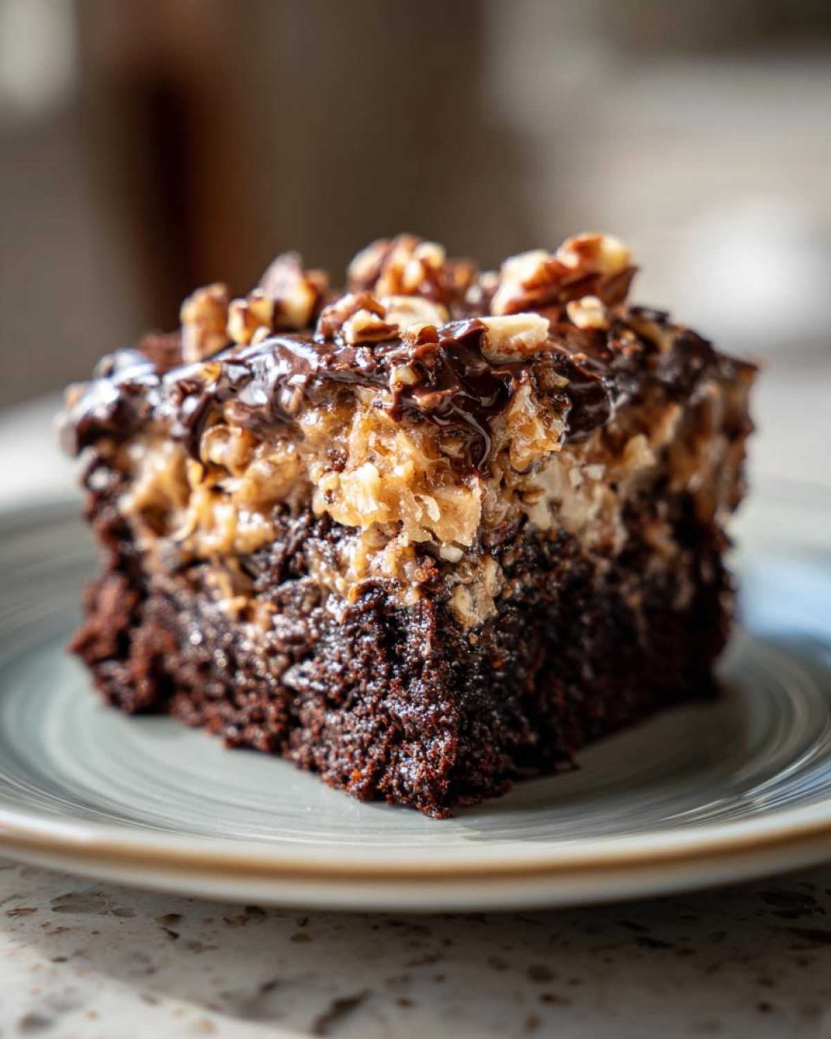 Close-up of a rich, moist slice of german chocolate poke cake topped with coconut-pecan frosting and chopped nuts.