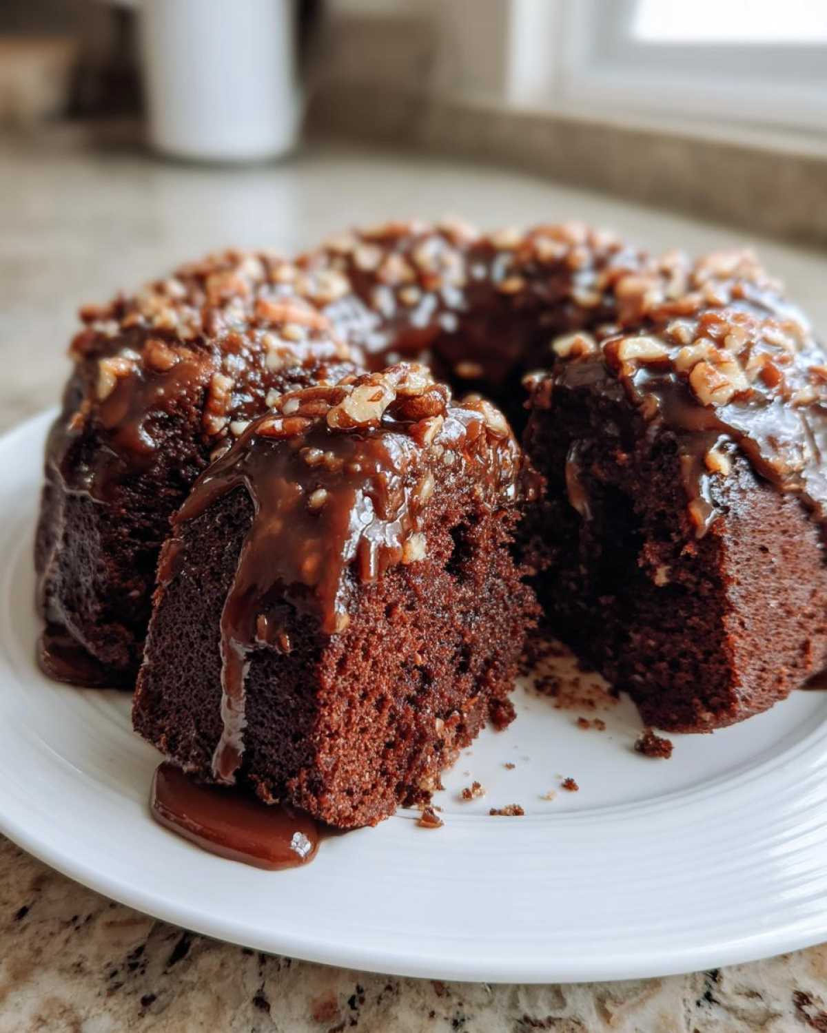 A slice cut from a rich, dark chocolate german chocolate poke cake drizzled with caramel and topped with pecans.