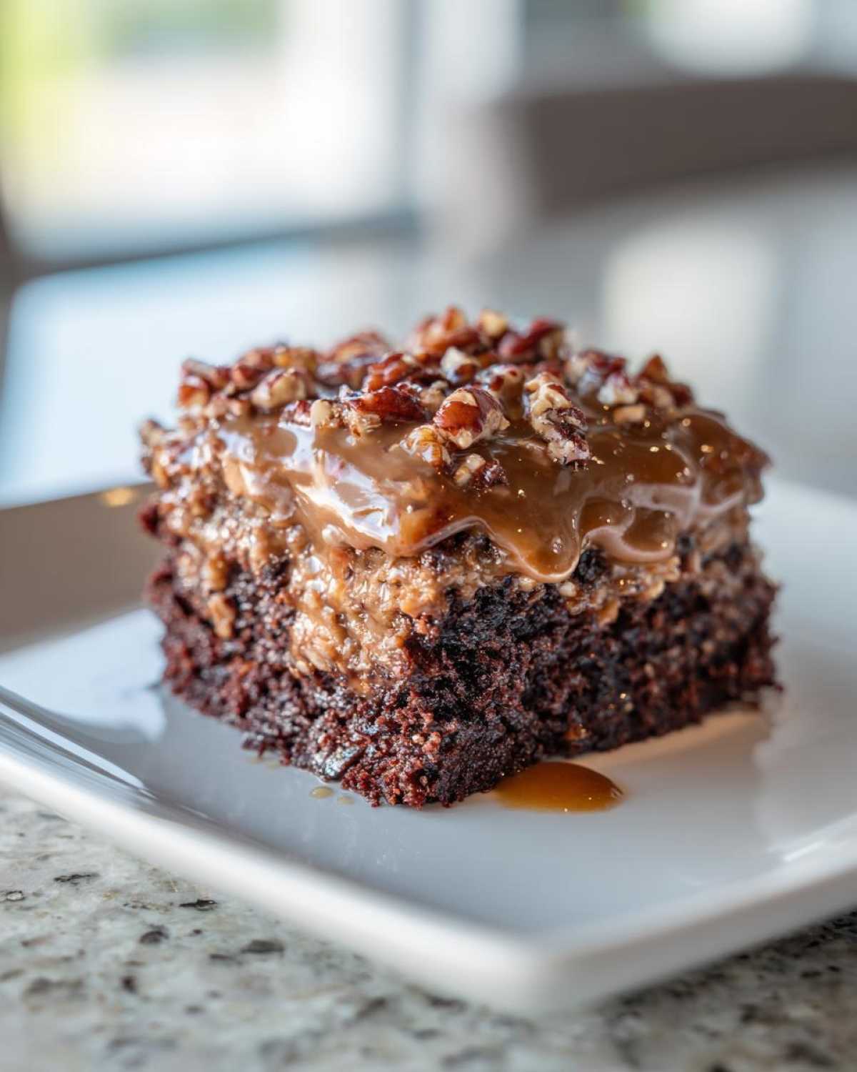 Close-up of a rich, moist slice of german chocolate poke cake topped with gooey caramel and chopped pecans.