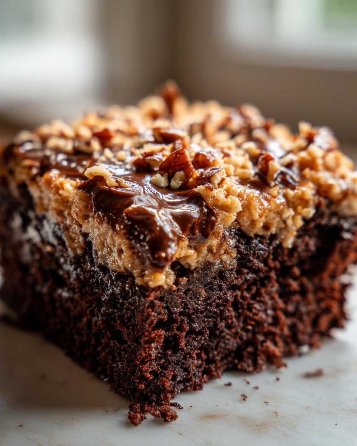 Close-up of a rich, dark slice of german chocolate poke cake topped with gooey coconut-pecan frosting and chocolate drizzle.