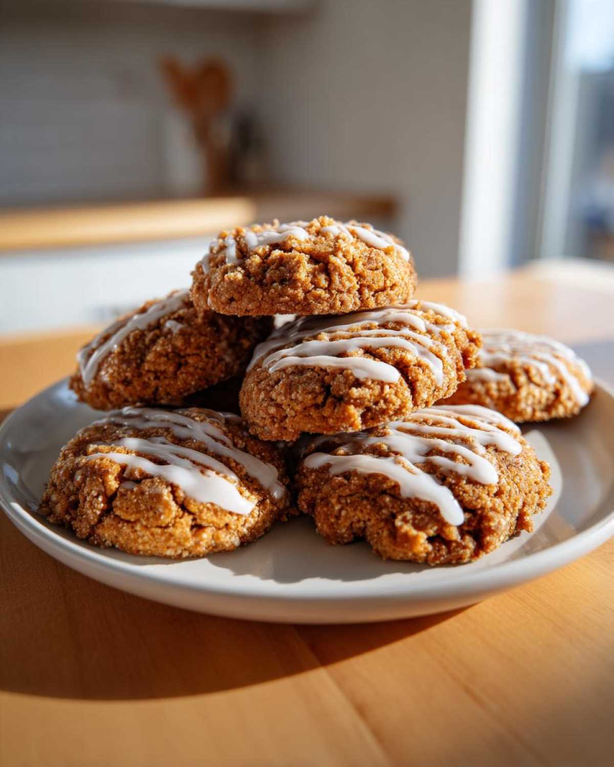 A stack of delicious coffee cake cookies drizzled with white icing, sitting on a light plate.
