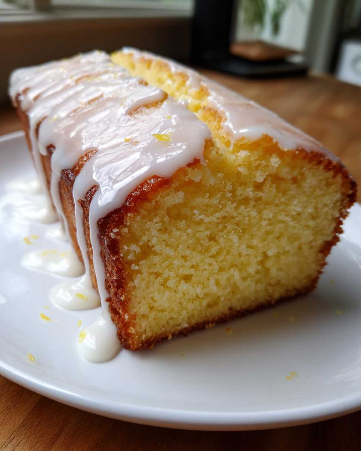 A moist, yellow lemon loaf cake drizzled heavily with white glaze, sitting on a white plate.