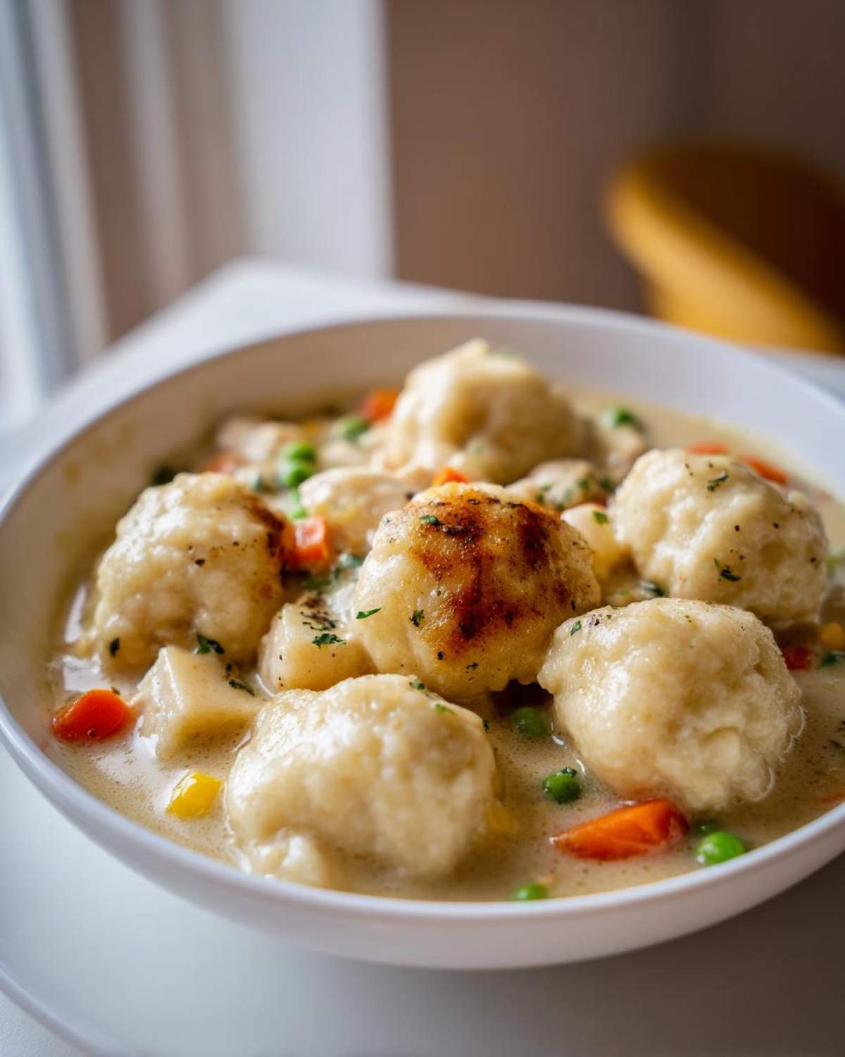 Close-up of a white bowl filled with creamy gluten free chicken and dumplings, featuring carrots and peas.