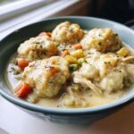 Close-up of creamy gluten free chicken and dumplings topped with parsley in a light blue bowl.