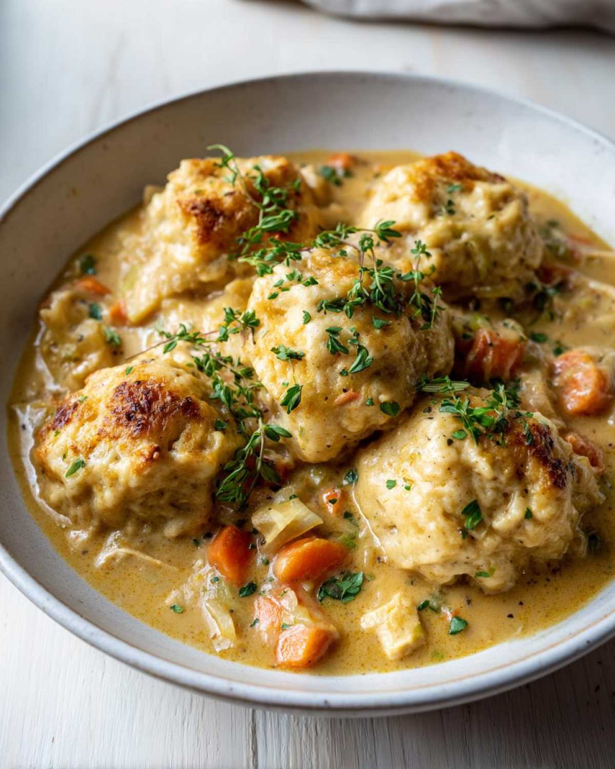 Close-up of four golden-topped gluten free chicken and dumplings served in a creamy vegetable stew.