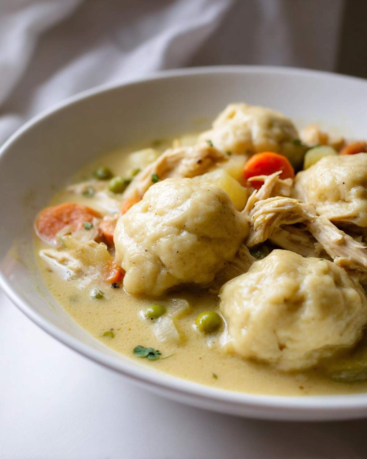 Close-up of creamy gluten free chicken and dumplings featuring fluffy dumplings, shredded chicken, carrots, and peas.