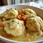 Close-up of four fluffy dumplings served in a creamy broth with carrots in gluten free chicken and dumplings.