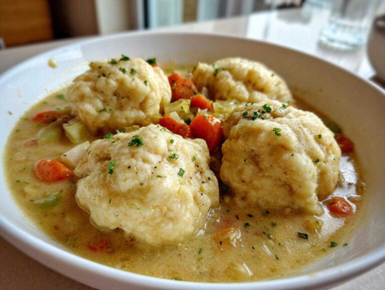 Close-up of four fluffy dumplings served in a creamy broth with carrots in gluten free chicken and dumplings.