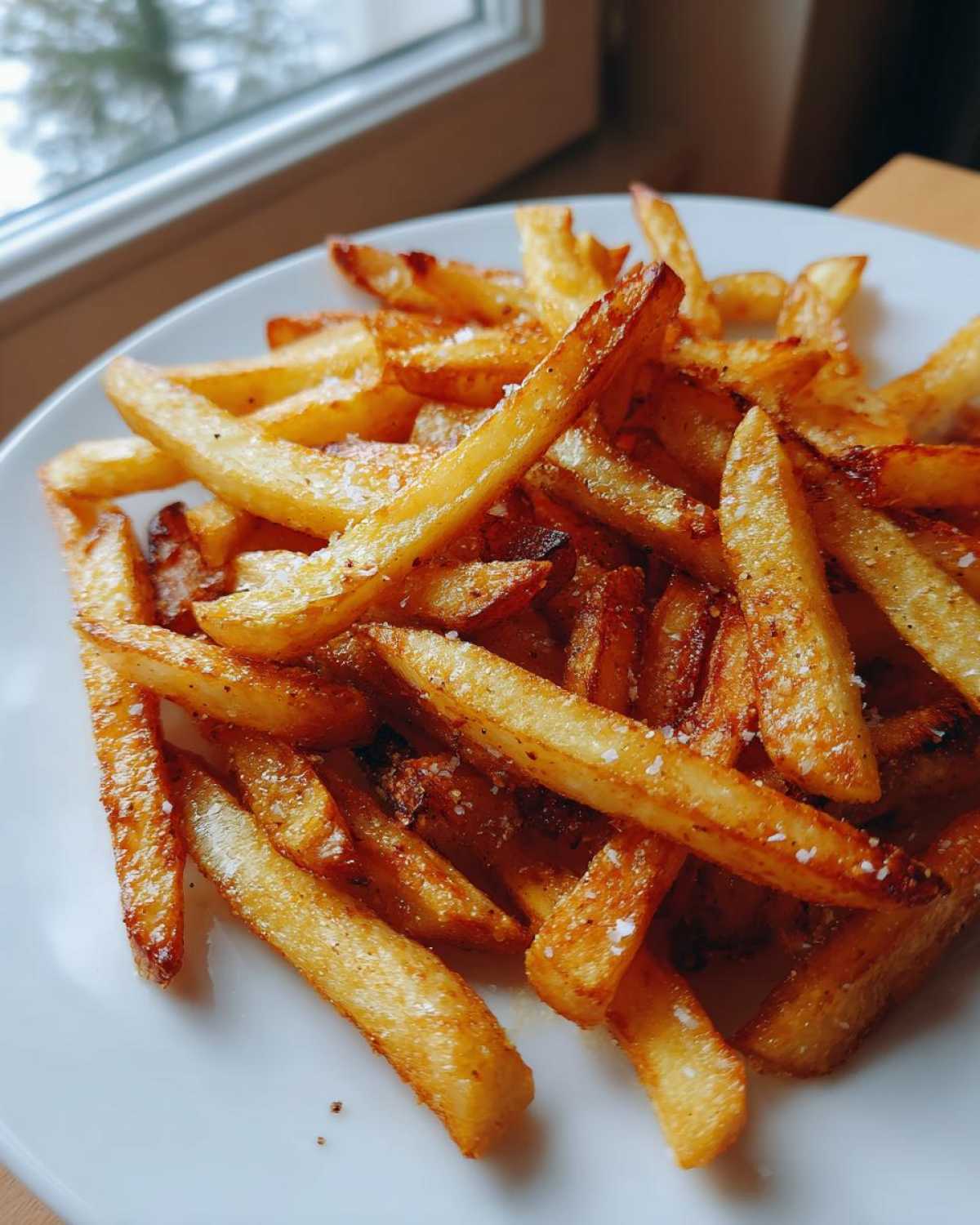 Close-up of perfectly crispy, golden air fryer french fries sprinkled with coarse sea salt on a white plate.