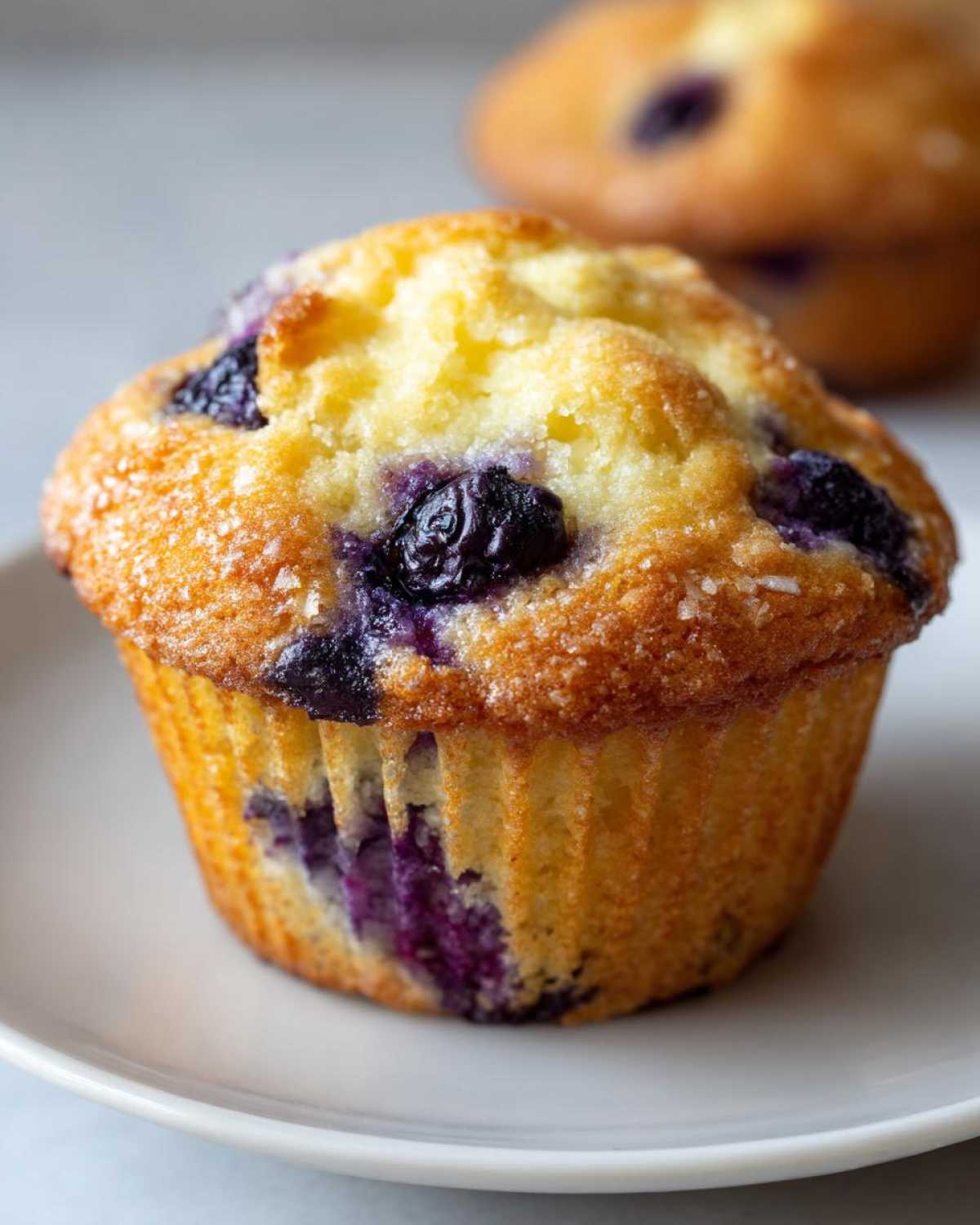 Close-up of a golden baked blueberry muffin, showing a sugary crust, likely one of the best cream cheese muffins.