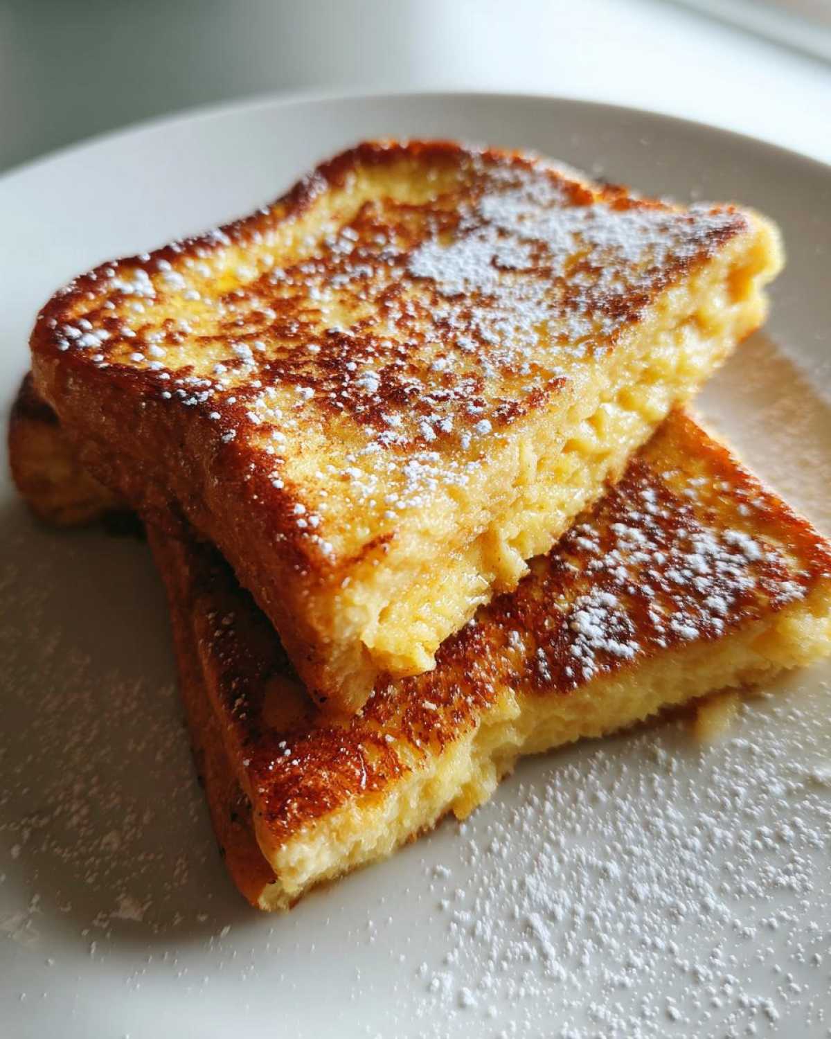Two slices of golden brown easy french toast stacked and dusted with powdered sugar on a white plate.