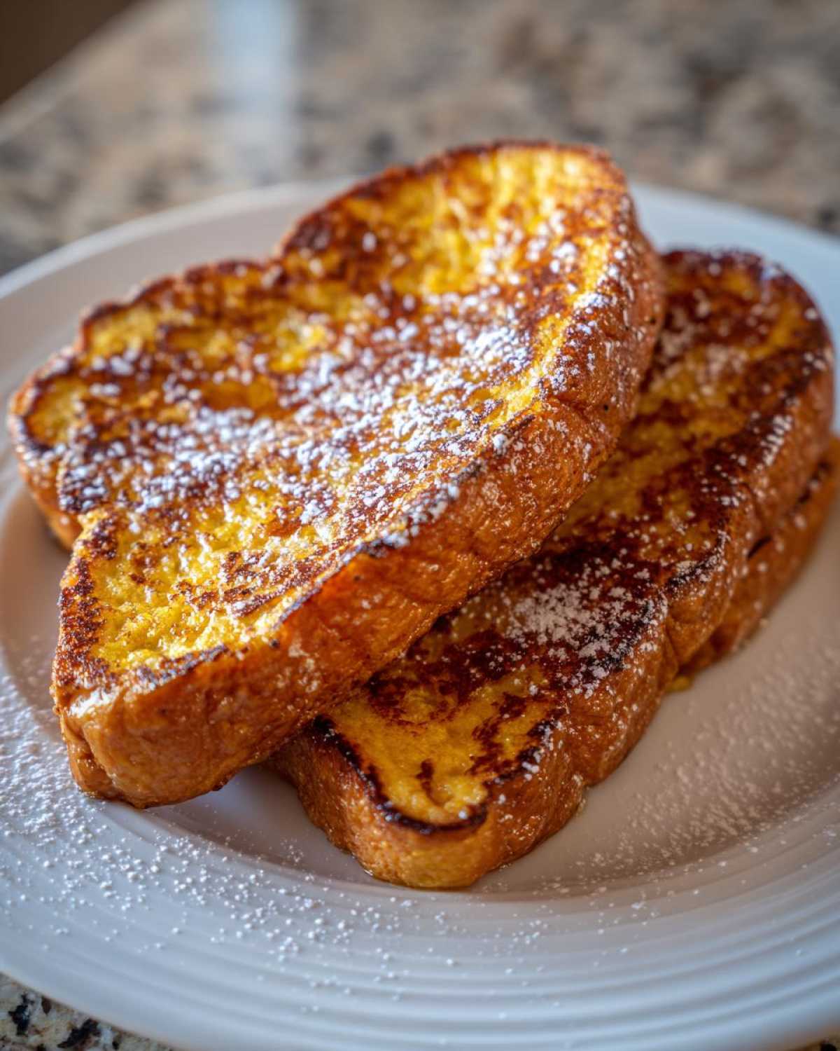 Two slices of golden brown easy french toast stacked on a white plate and generously dusted with powdered sugar.