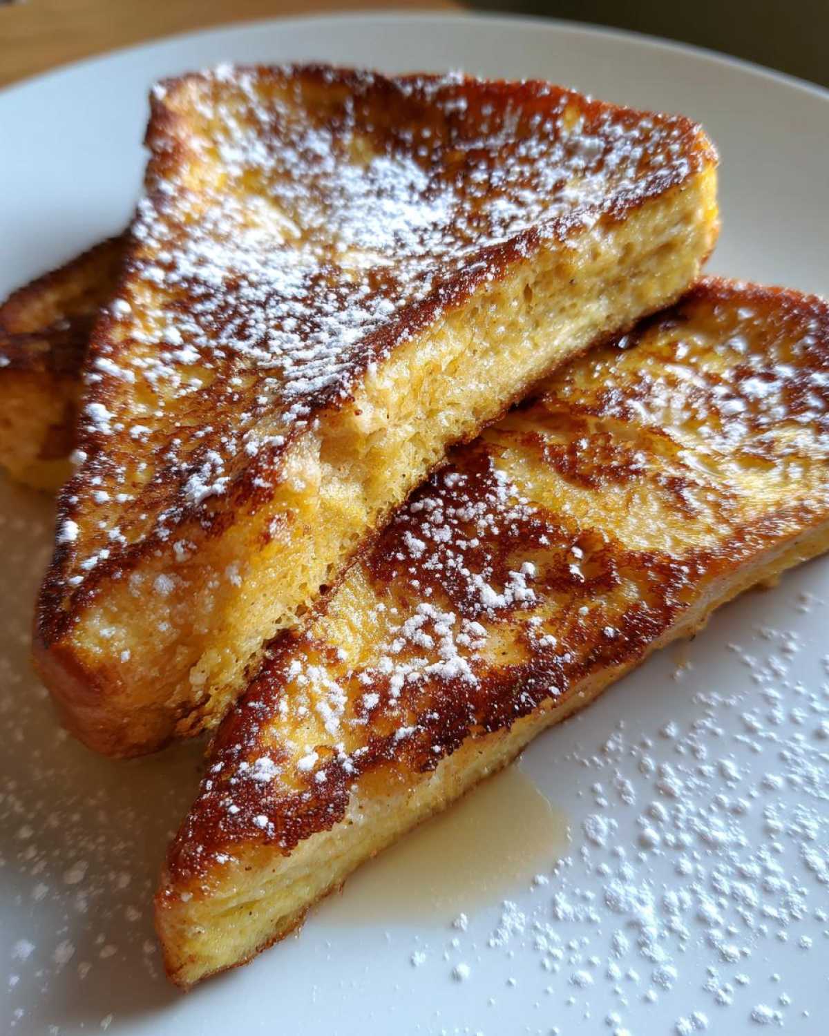 Close-up of golden brown, thick-cut easy french toast slices dusted heavily with powdered sugar on a white plate.