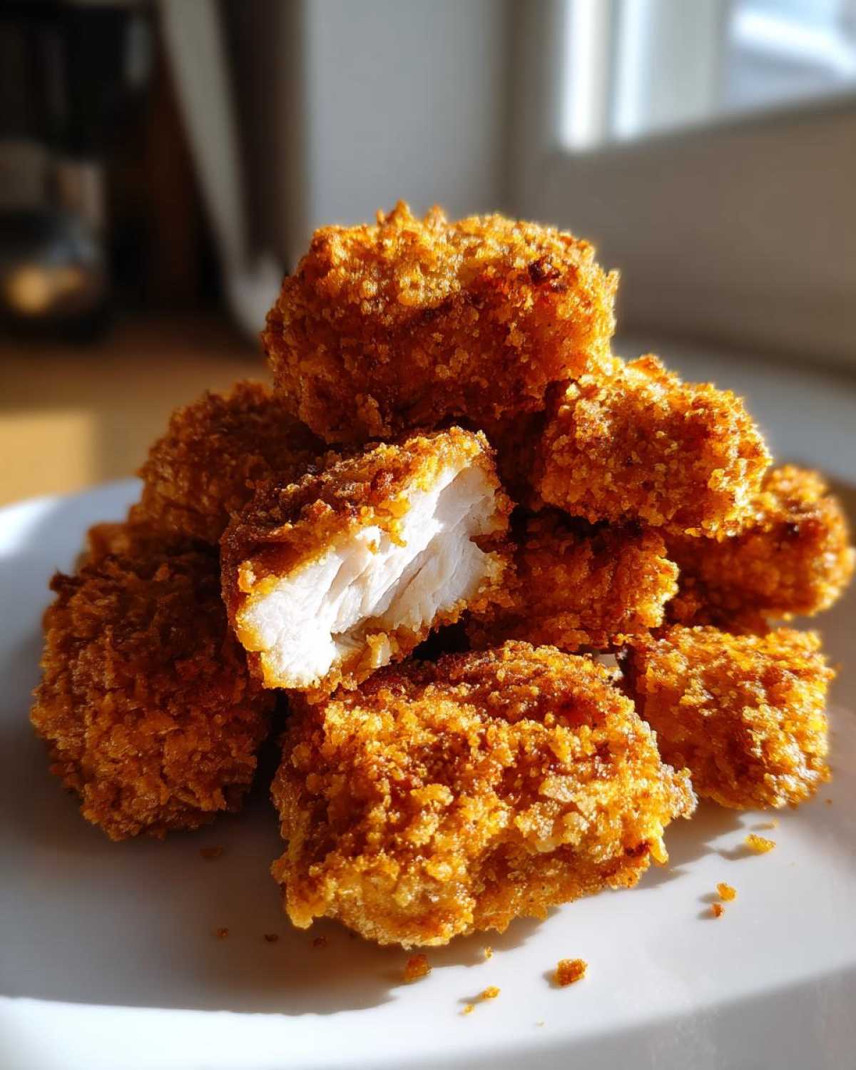 A pile of crispy, golden homemade chicken nuggets, one broken open showing the white, juicy interior.