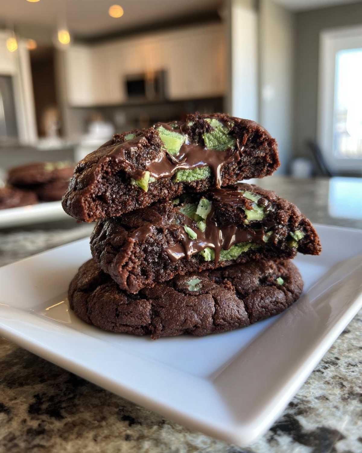 Close-up of rich, fudgy Andes mint cookies stacked, showing a gooey melted chocolate center and bright green mint pieces.