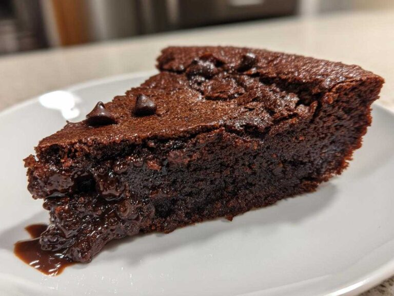 A decadent slice of 350 calorie fudge pie with a molten chocolate center oozing onto a white plate.