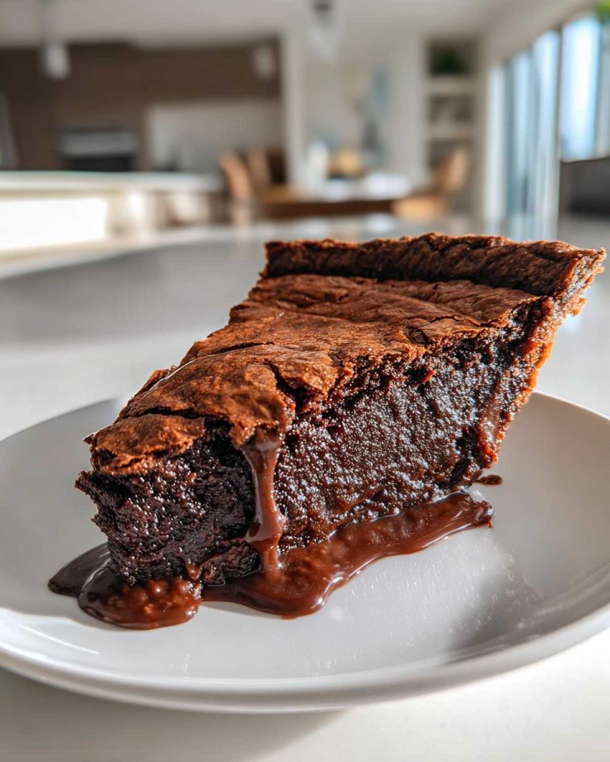 A thick slice of rich, dark hot fudge pie with a fudgy center oozing chocolate sauce onto a white plate.