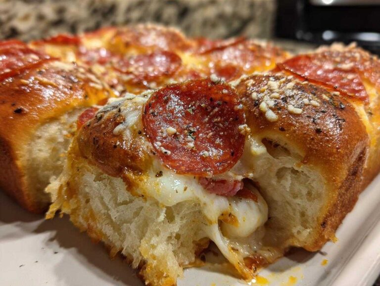 Close-up of a gooey pepperoni pizza sliders roll being pulled apart, showing melted cheese and seasoned bread.