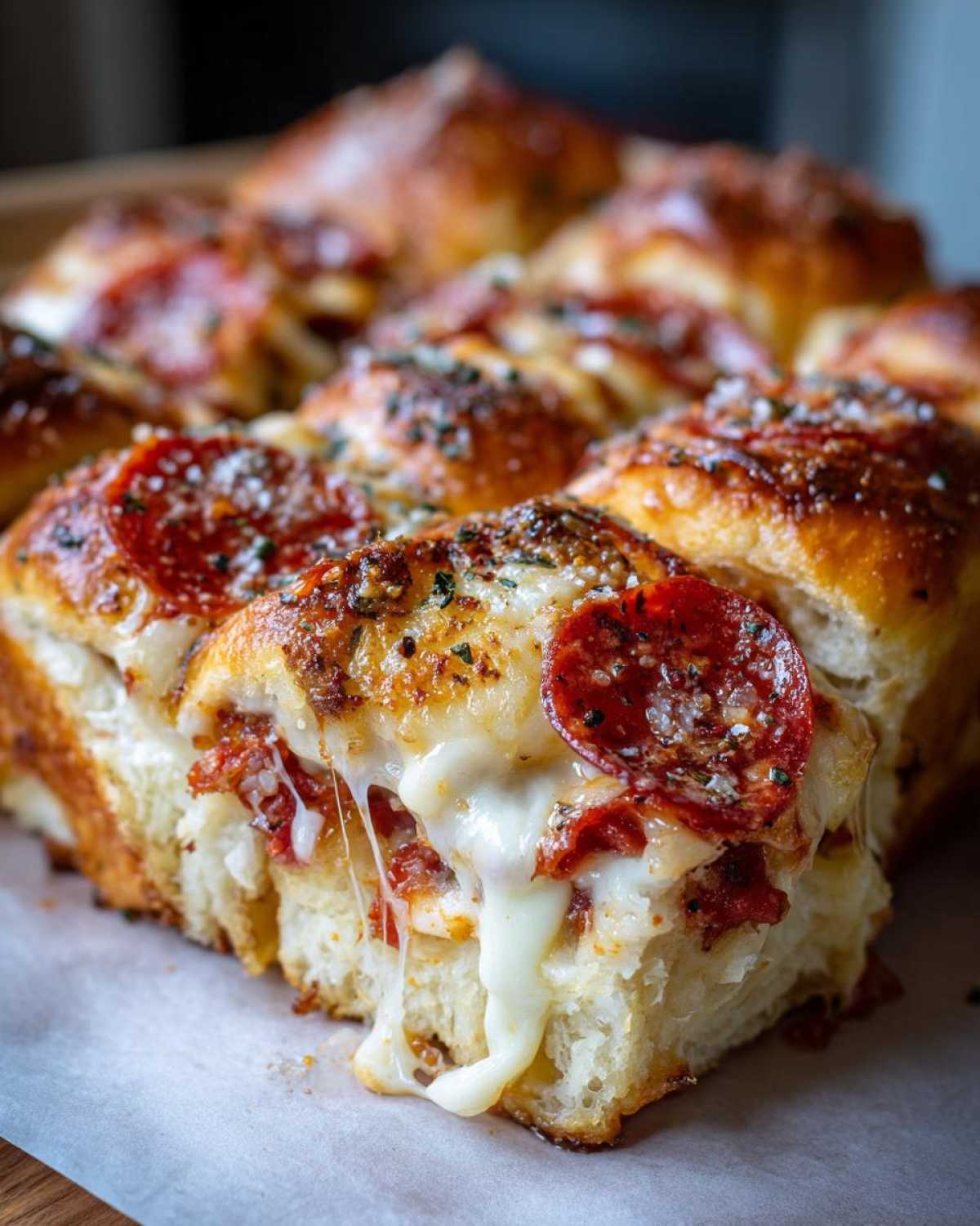 Close-up of gooey, cheesy pizza sliders with pepperoni, showing a dramatic cheese pull.