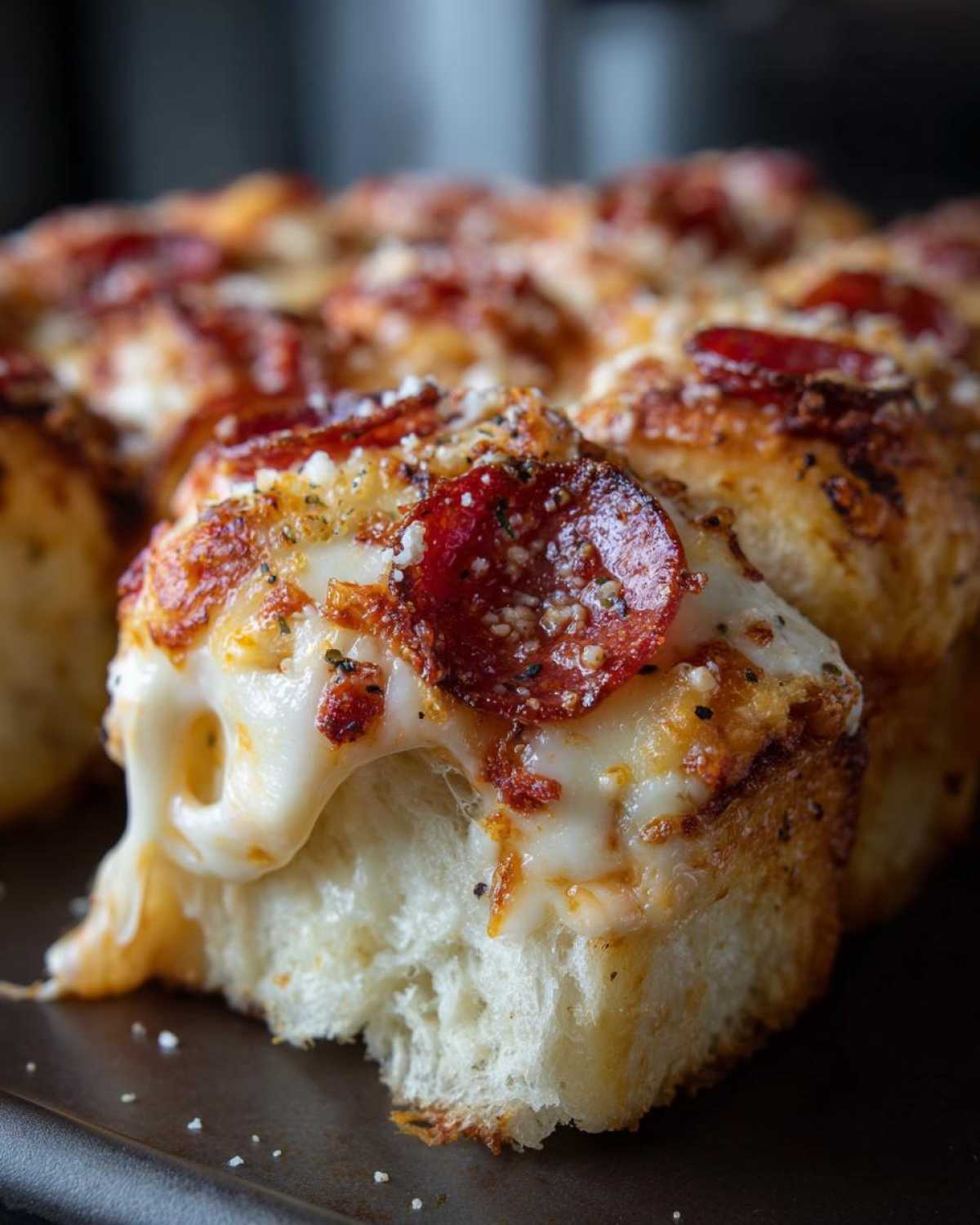 Close-up of a gooey pizza sliders roll being pulled apart, showing melted cheese, pepperoni, and herbs.