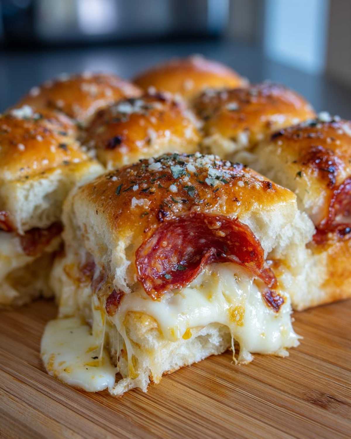 Close-up of gooey pizza sliders with melted cheese and pepperoni oozing out, topped with garlic butter.