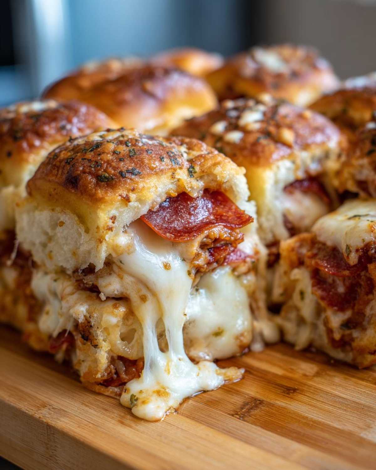 Close-up of gooey pizza sliders showing melted cheese stretching between two halves of a slider filled with pepperoni.