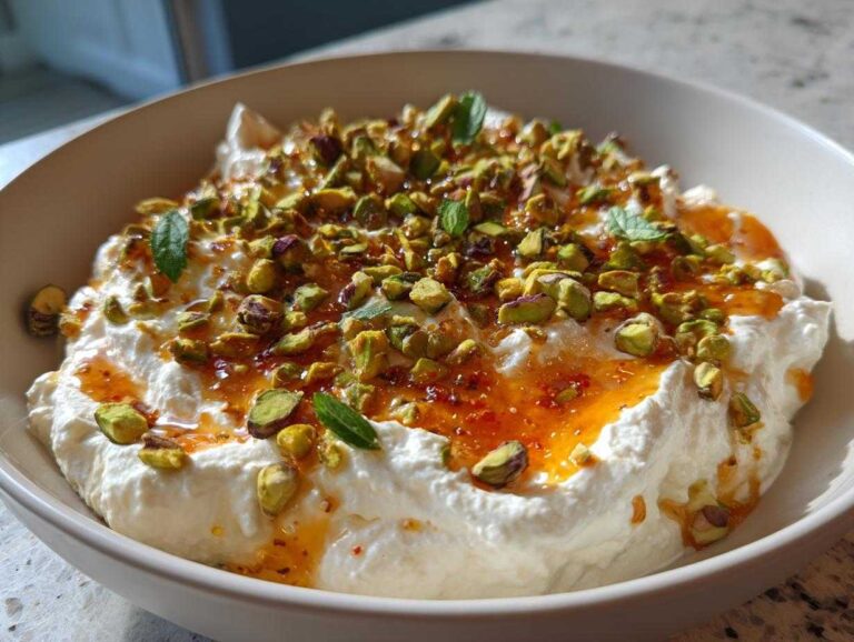 A bowl of creamy ricotta dip drizzled with spicy honey and topped generously with chopped pistachios and mint leaves.