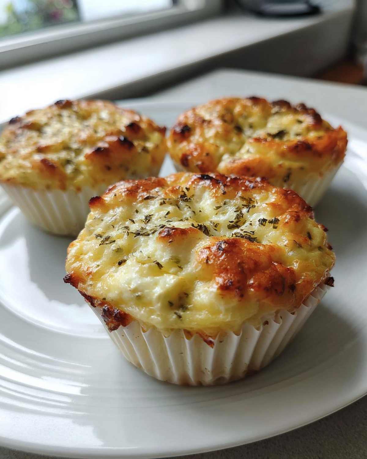 Three golden brown, freshly baked high-protein egg bites served in white cupcake liners on a white plate.