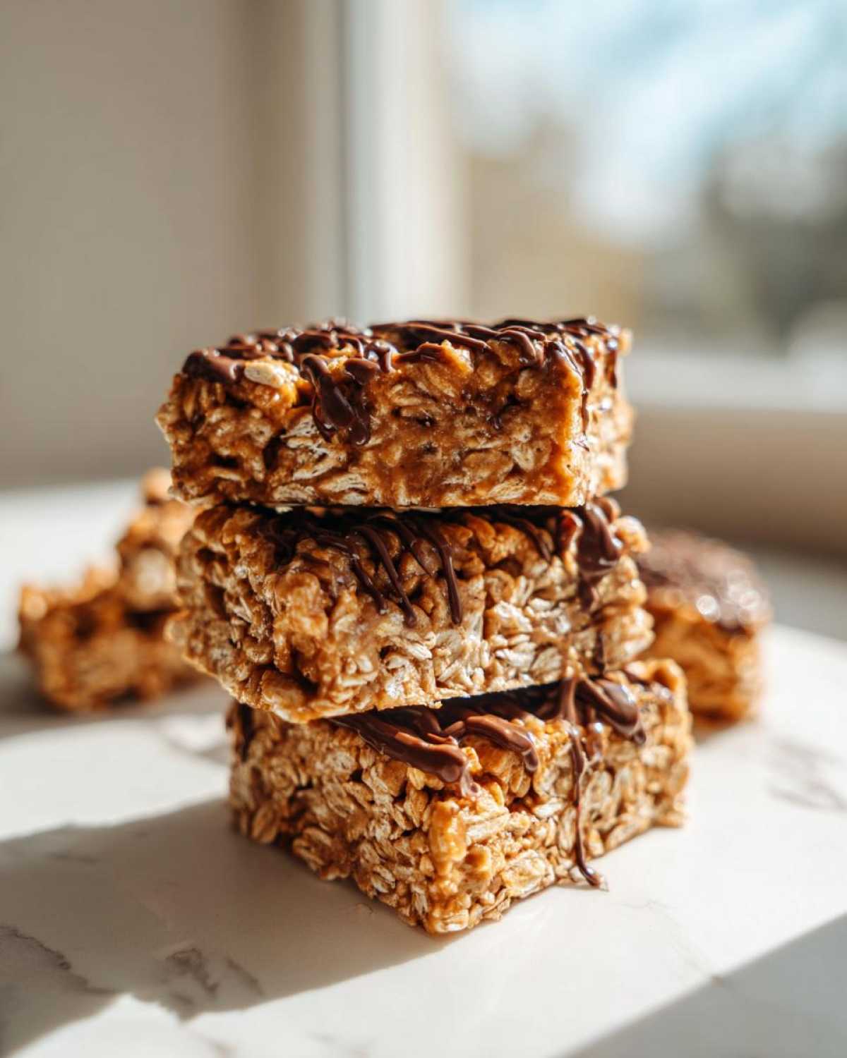 A stack of three homemade protein bars made with oats and drizzled with melted chocolate.