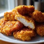 A pile of crispy, golden homemade chicken nuggets on a white plate, one nugget is cut open showing white chicken meat.