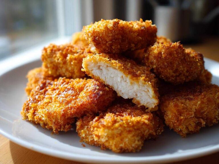 A pile of crispy, golden homemade chicken nuggets on a white plate, one nugget is cut open showing white chicken meat.