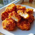 A pile of golden brown, crispy homemade chicken nuggets on a white plate, one is broken open showing white meat.
