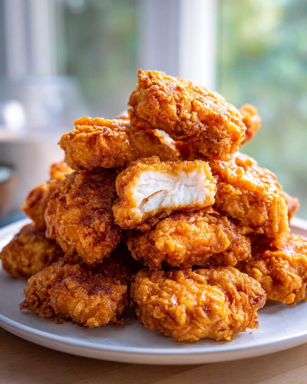 A close-up of a tall stack of golden brown, crispy homemade chicken nuggets, one broken open to show the white meat inside.