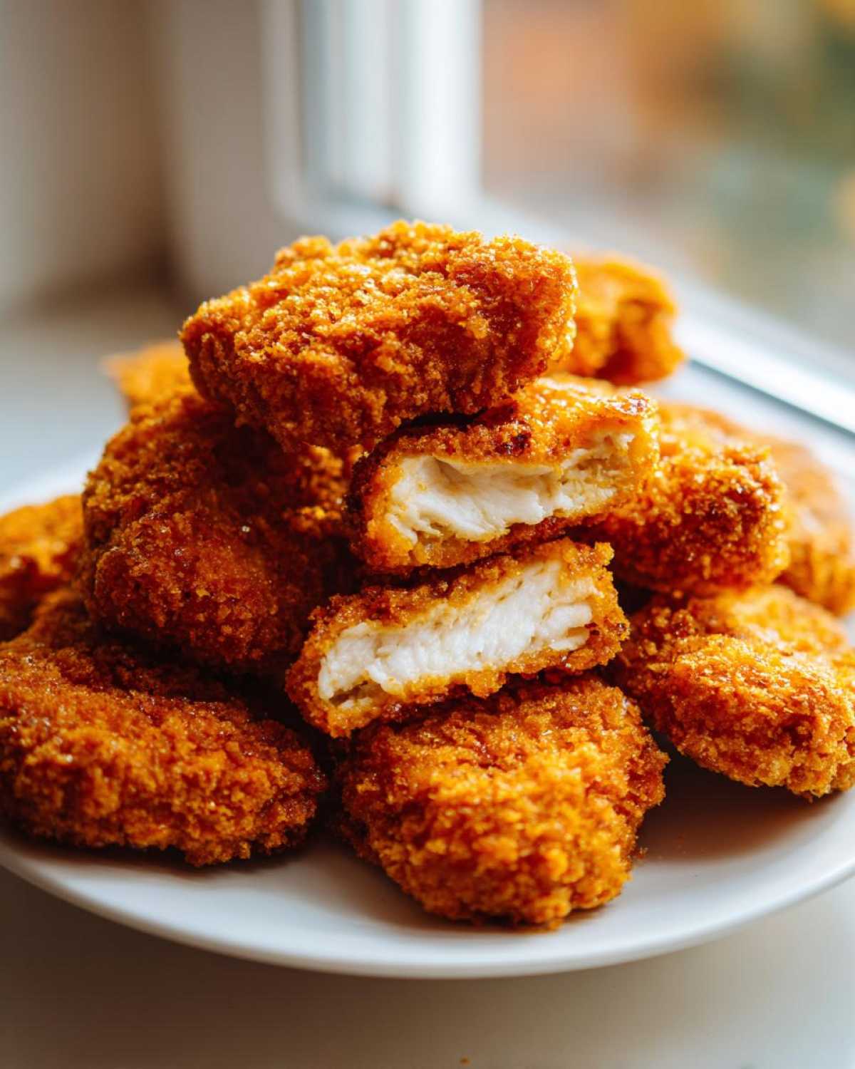 Close-up of crispy, golden homemade chicken nuggets stacked on a white plate, one nugget is cut open showing white meat.