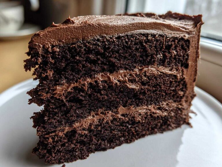 Close-up of a moist slice of homemade chocolate cake with three layers and thick chocolate frosting.