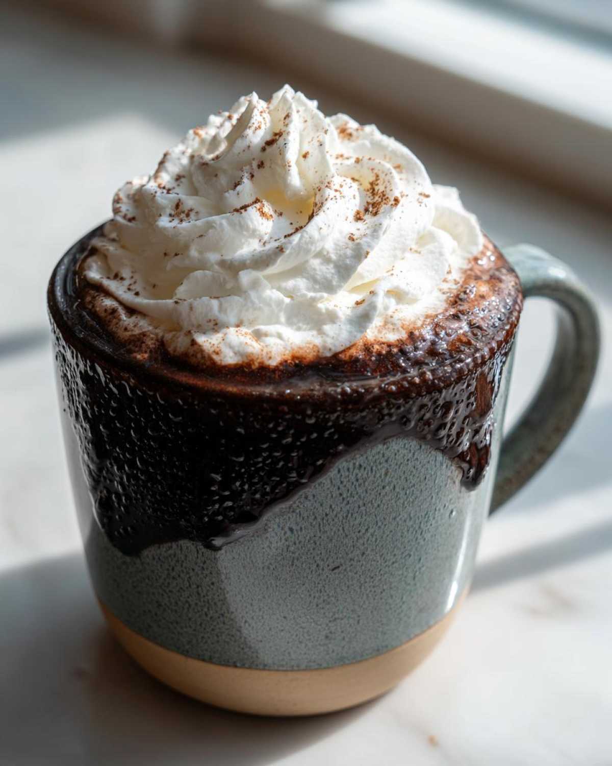 A rich cup of homemade hot cocoa topped generously with whipped cream and a dusting of cocoa powder.