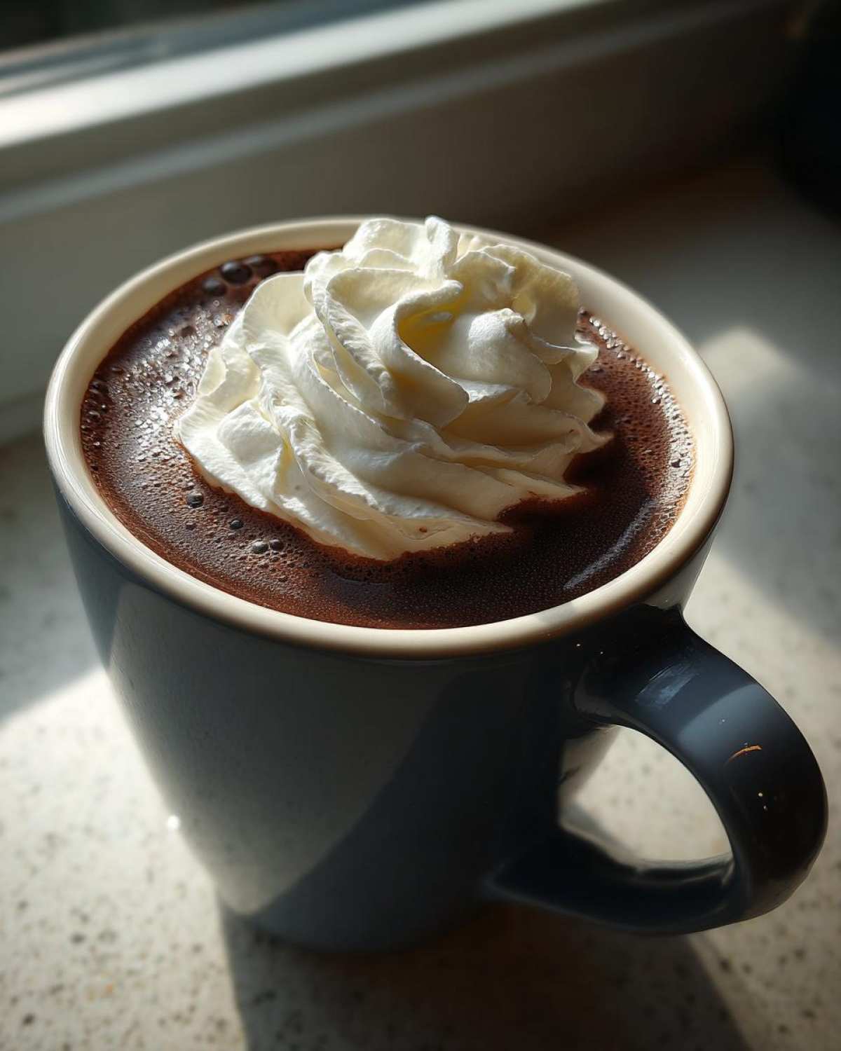 Close-up of a mug filled with rich homemade hot cocoa topped with a swirl of whipped cream.