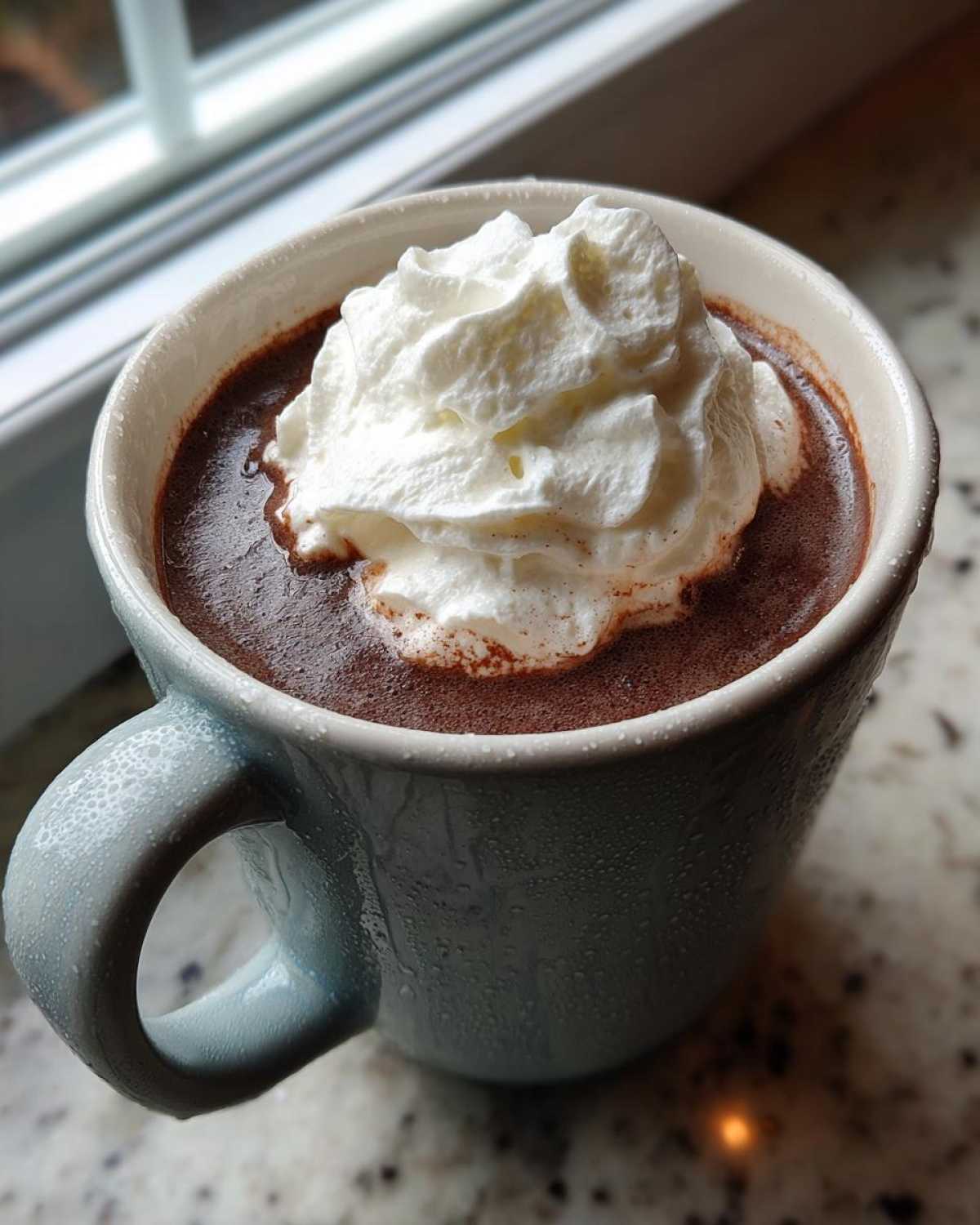 A close-up of rich homemade hot cocoa topped with a generous swirl of whipped cream in a condensation-covered mug.