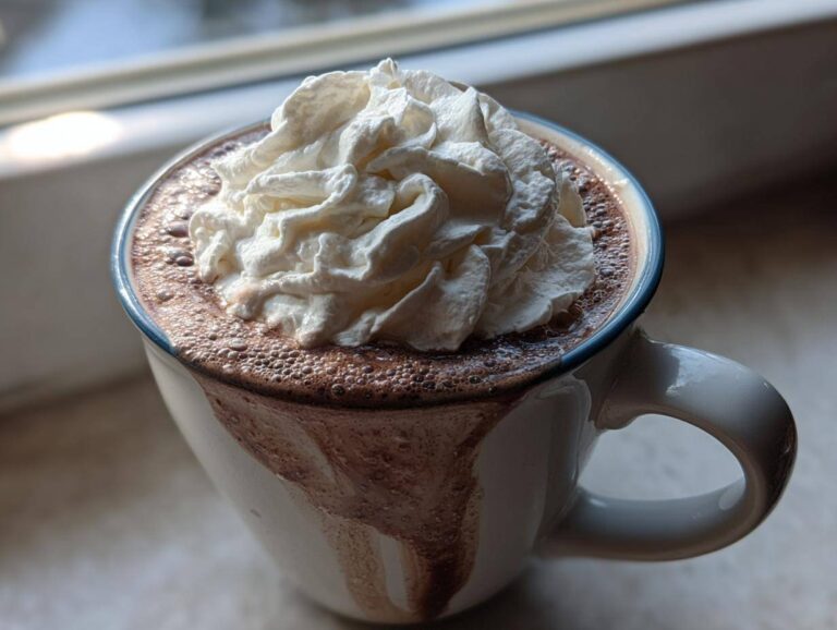 Amazing 15-min homemade hot cocoa Close-up of a mug filled with rich homemade hot cocoa topped generously with whipped cream.