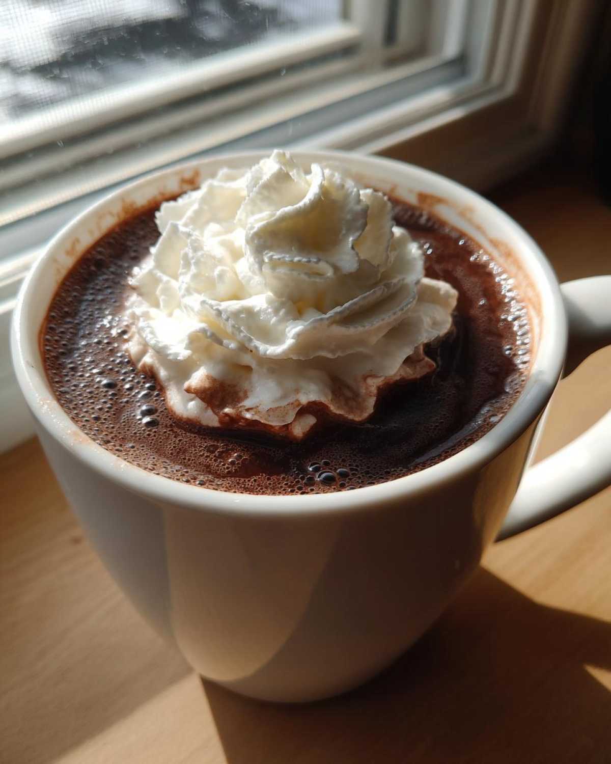 A close-up of a mug filled with rich homemade hot cocoa topped with a swirl of whipped cream.