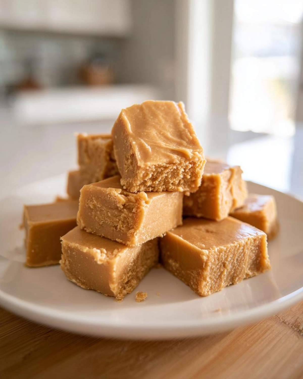 A stack of rich, creamy peanut butter fudge squares piled high on a white plate.