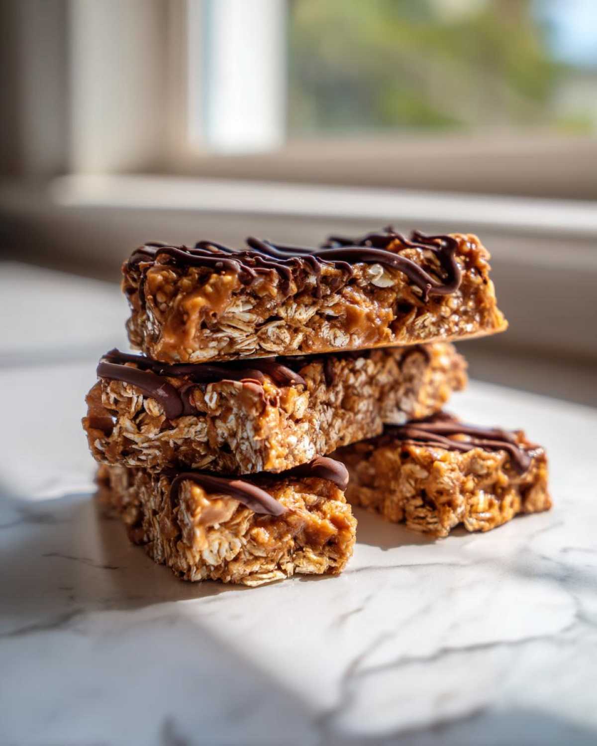 A stack of four homemade protein bars made with oats and drizzled with dark chocolate, sitting on a marble surface.